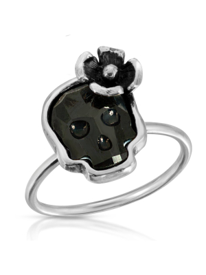 Jet Black Flower Skull Ring