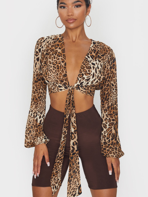 Tan Leopard Print Woven Tie Detail Plunge Shirt