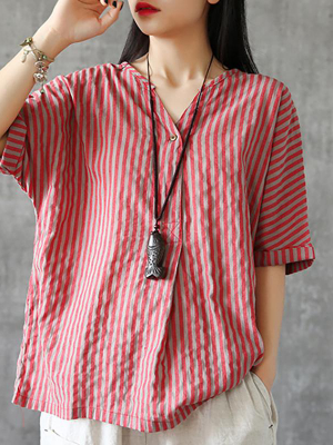 Plus Size - Single Button Stripe Vintage Summer Linen T-shirt
