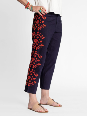 Floral Embroidered Pant Navy Red