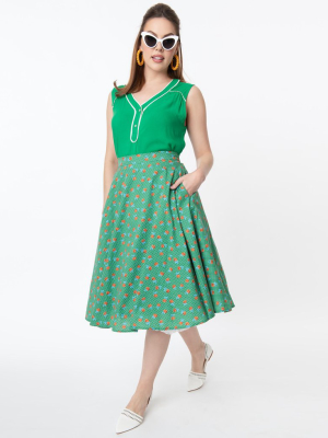 Vintage Style Green Dotted & Red Floral Swing Skirt