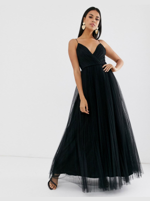 Asos Design Cami Pleated Tulle Maxi Dress In Black