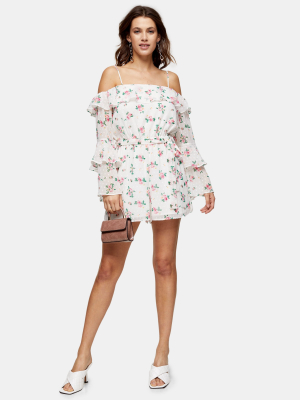 White Floral Print Bardot Playsuit