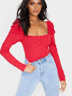 Red Rib Puff Long Sleeve Bodysuit