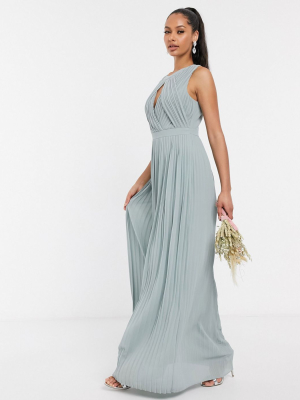 Tfnc Pleated Key Hole Maxi Bridesmaid Dress In Sage