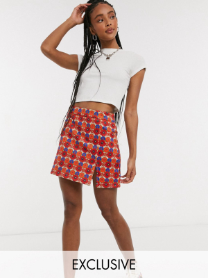 One Above Another A-line Mini Skirt With Slit In Retro Floral