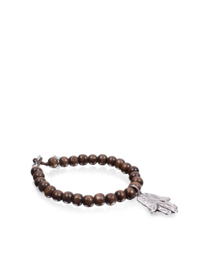 Kitson Wood Bead Bracelet With Silver Plated Hamasa Hand Charm