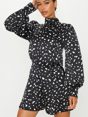 Black Dalmatian Print High Neck Puff Sleeve Romper