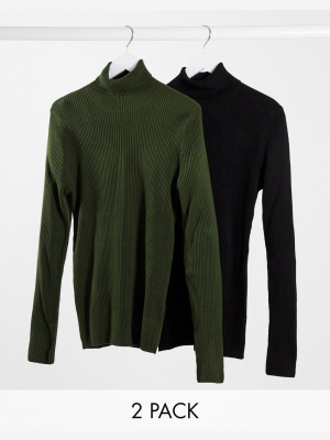 Asos Design 2 Pack Knitted Rib Roll Neck Sweater In Black & Khaki Save