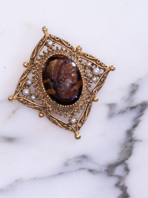Vintage Florenza Cameo Tortoise With Faux Pearls