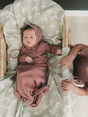 Organic Cotton Rib Knotted Baby Gown - Dusty Rose