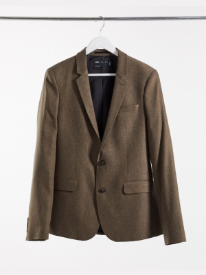 Asos Design Wedding Super Skinny Wool Mix Suit Jacket In Camel Herringbone