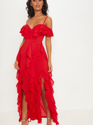 Red Cold Shoulder Ruffle Detail Maxi Dress