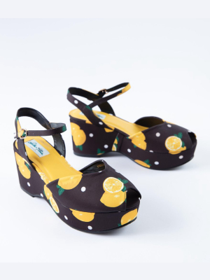 Collectif Black & Yellow Lemon Peep Toe Kelly Platform Wedge