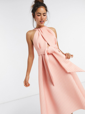 Asos Design High Neck Belted Prom Midi Dress In Stripe