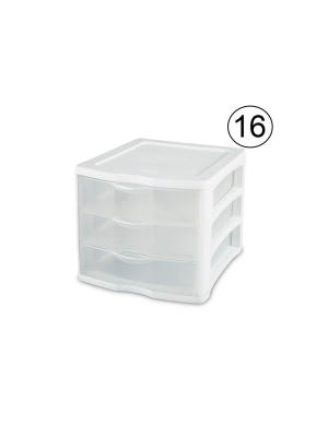 Sterilite Clearview Compact Portable 3 Storage Drawer Organizer Cabinet, 16 Pack