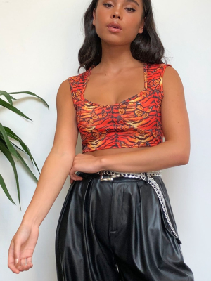 Orange Tiger Butterfly Print Cup Detail Crop Top