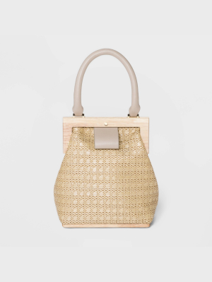 Estee & Lilly Raffia Wood Frame Mini Satchel Handbag - Beige