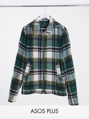 Asos Design Plus Wool Mix Harrington Jacket In Green And Ecru Plaid