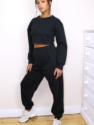 Petite Black Cropped Sweat And Jogger Set