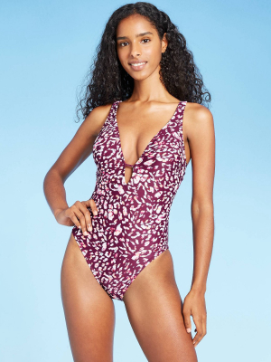 Women's Tall/long Torso Plunge Front One Piece Swimsuit - Shade & Shore™ Boysenberry Animal Print