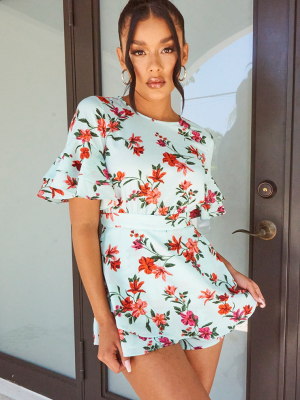 Mint Floral Print Frill Sleeve Tie Back Romper