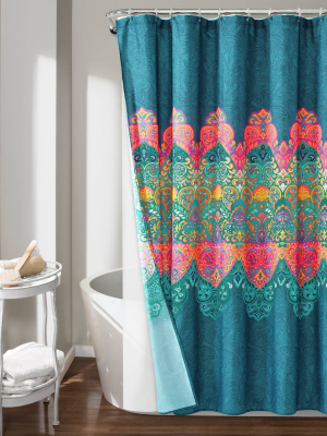 14pc Boho Chic Shower Curtain With Peva Lining And Rings Set Navy - Lush Décor