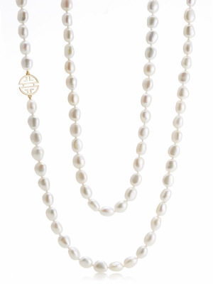 Baroque White Pearl & Gold Shou Station Rope Necklace