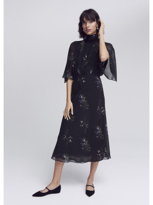 Mari High-neck Flutter-sleeve Mid-length Dress