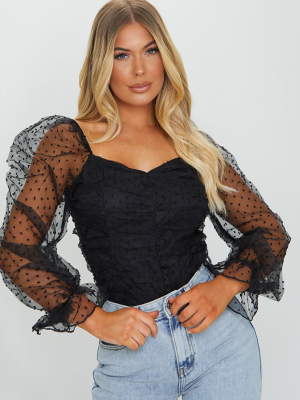 Black Dobby Mesh Frill Cuff Bodysuit