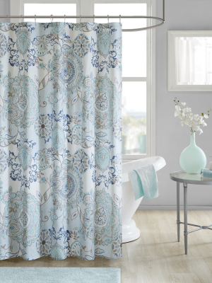 Lian Cotton Printed Shower Curtain Blue