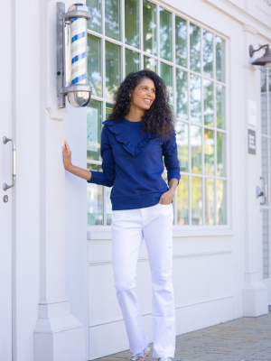 Navy Ruffle Front Sweatshirt