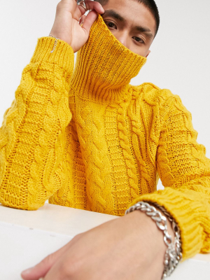 Asos Design Heavyweight Cableknit Rollneck Sweater In Mustard