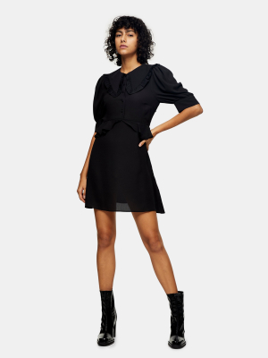 Black Collar Button Front Mini Dress