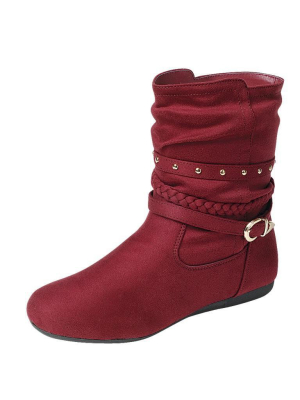 Rachel18 Burgundy Studded Strap Buckle Pull On Boot