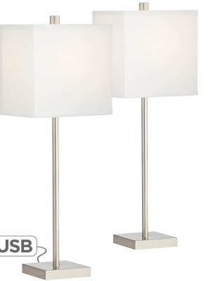 360 Lighting Modern Table Lamps Set Of 2 With Usb Charging Ports Brushed Nickel White Square Shade For Living Room Bedroom Bedside