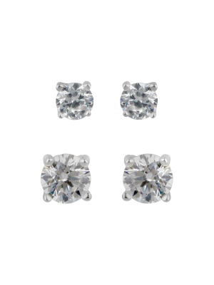 Sterling Silver Duo Round Cubic Zirconia Stud Earring Set 2pc - A New Day™ Clear