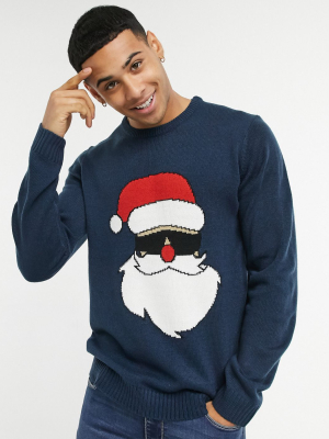 Only & Sons Christmas Sweater With Santa In Navy