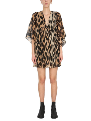 Ganni Leopard Printed Pleated Georgette Mini Dress