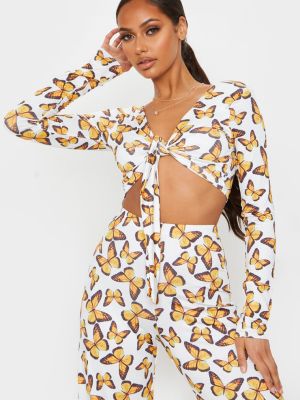 Multi Butterfly Print Tie Front Long Sleeve...