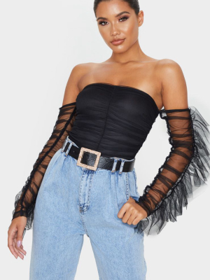 Black Mesh Frill Sleeve Bardot Bodysuit