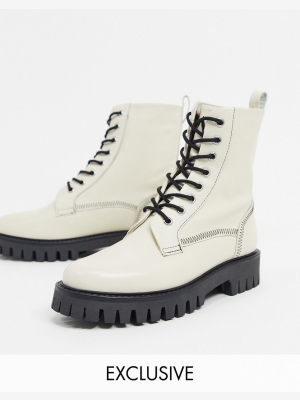 Asra Exclusive Billie Lace-up Flat Boots With Stitch Detail In Bone Leather