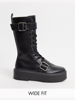 Asos Design Wide Fit Ashford Chunky Buckle Boots In Black