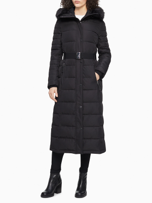 Faux Fur Belted Maxi Puffer Coat