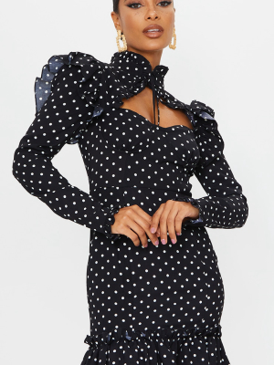 Black Polka Dot Print Cup Frill Detail Bodycon...