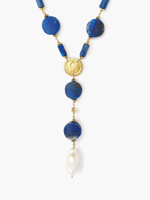 Lapis And White Pearl Lariat Necklace