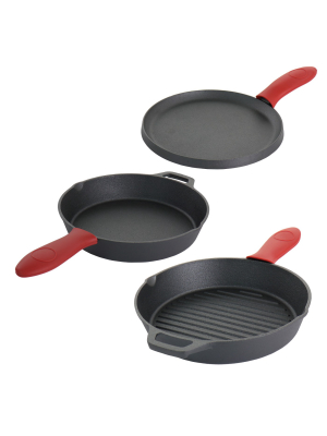 Megachef Pre-seasoned Cast Iron 6 Piece Set With Red Silicone Holders