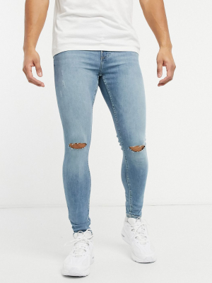 Bershka Super Skinny Jeans With Rips In Bright Blue