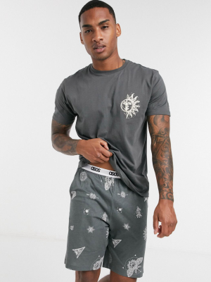 Asos Design Lounge T-shirt And Short Pajama Set With Celestial Print