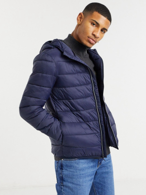 Original Penguin Hooded Puffer Jacket In Navy With Small Logo